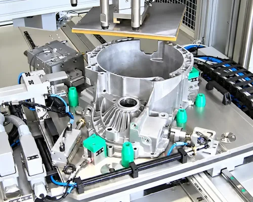Silver metal casting held in an industrial test fixture with clamps, sensors, and blue cables.