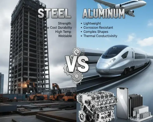 Steel vs Aluminum comparison—steel high-rise construction on left; aluminum aircraft, high-speed train, engine, smartphone, and heatsink on right; key pros highlighted.