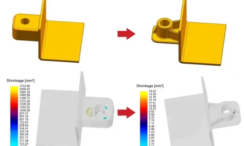 Before-and-after part design optimization showing reduced shrinkage porosity risk in die casting simulation