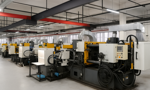 A row of yellow-and-white die casting machines lined up in a bright, spacious factory workshop.