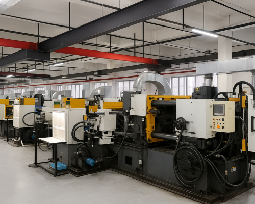A row of yellow-and-white die casting machines lined up in a bright, spacious factory workshop.
